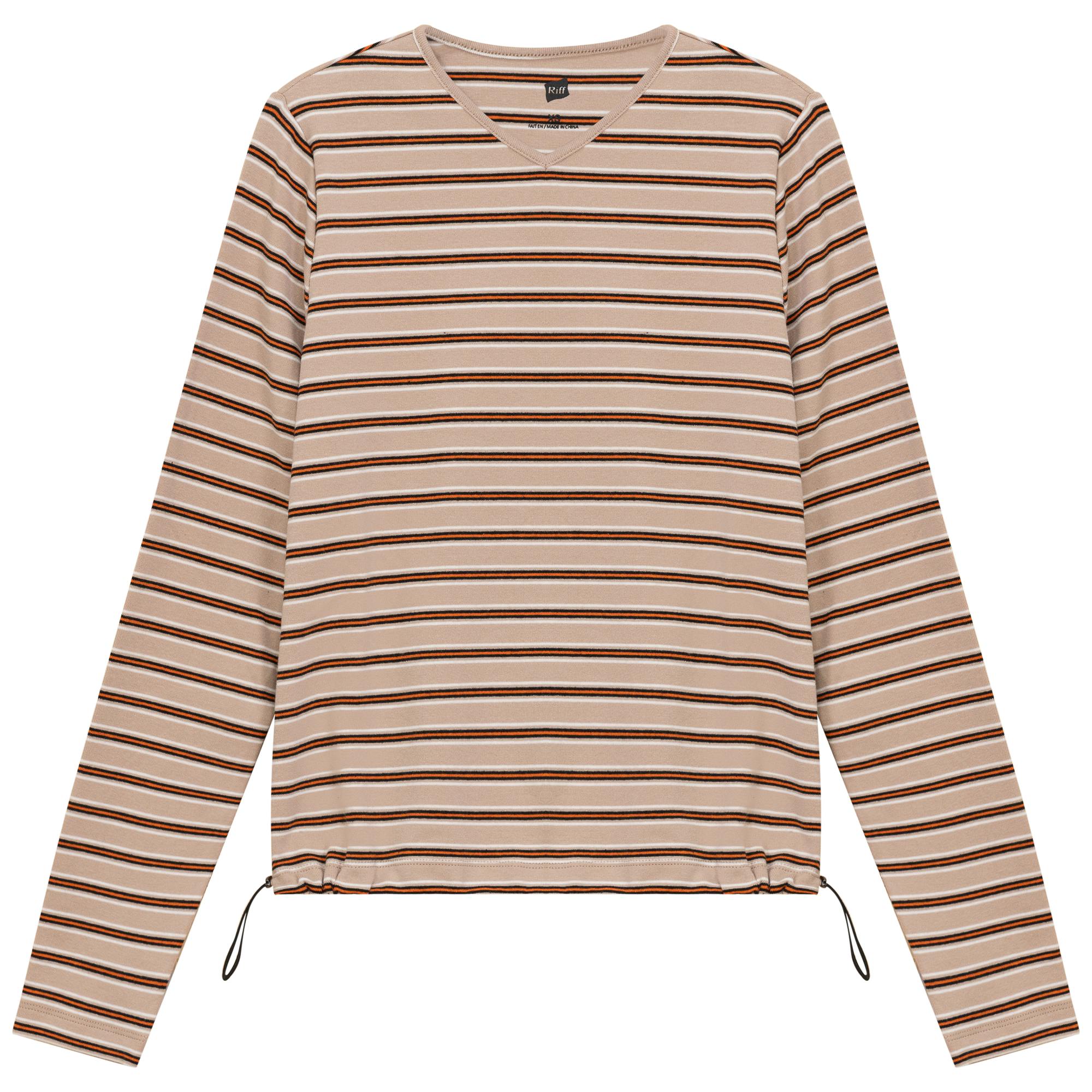 Ribbed Striped V Neck Tee With Bungee Rope