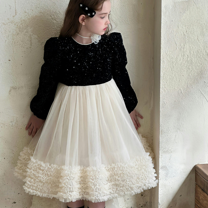 Black Glitter Bow-Back Tulle Gown