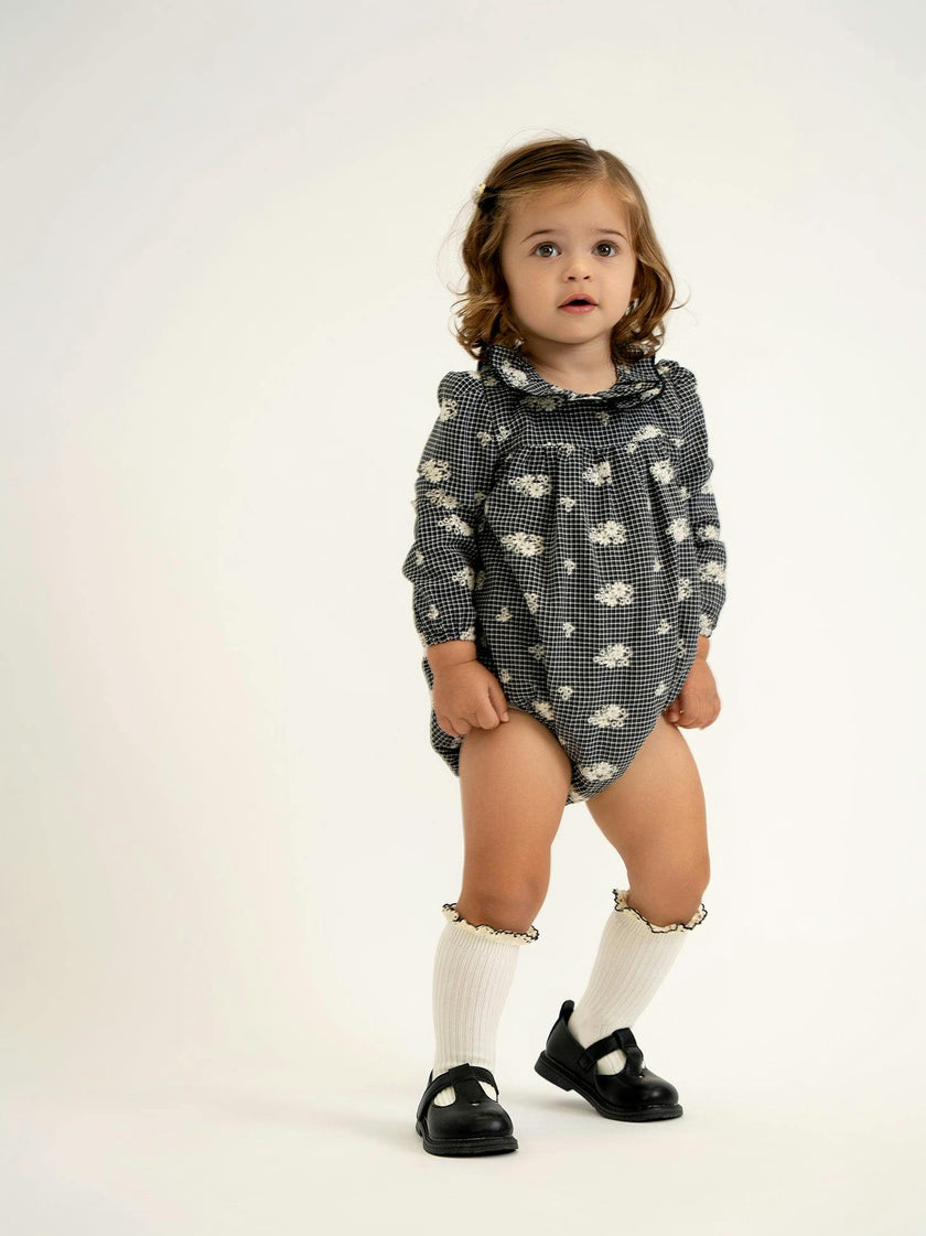 Checkered Embroidered Ruffle Collar Bubble