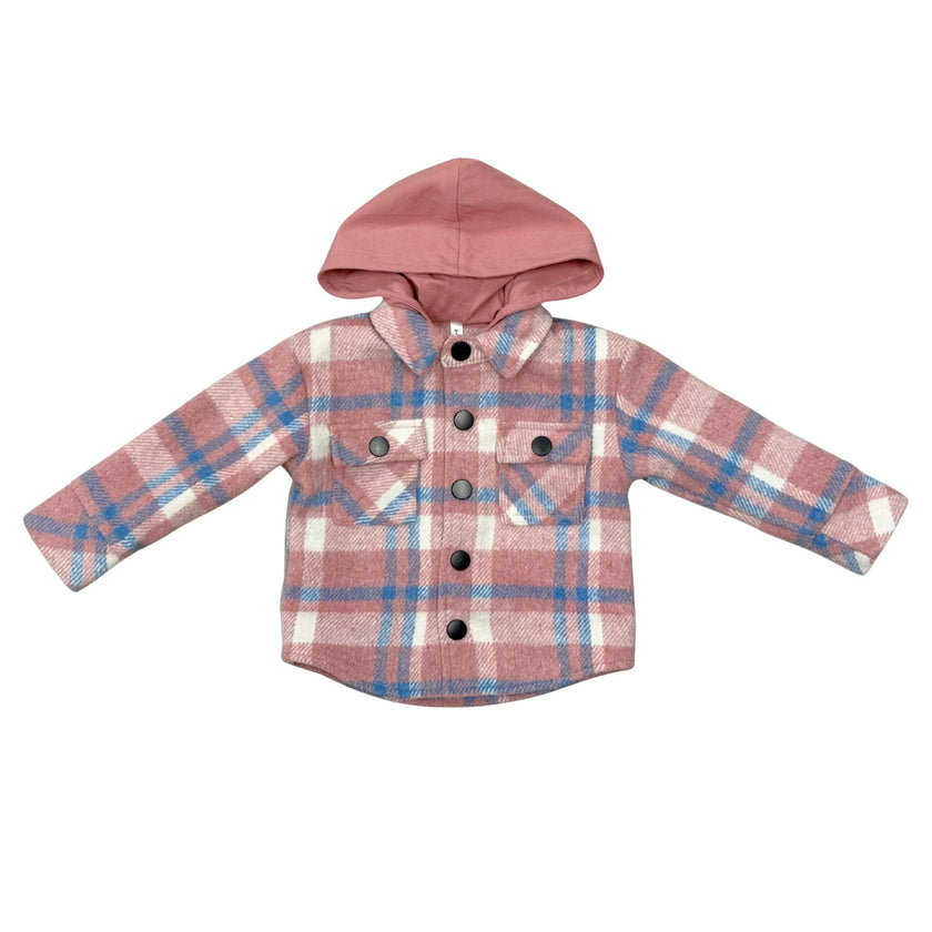 Kids Hooded Shacket in Pink Blue Plaid
