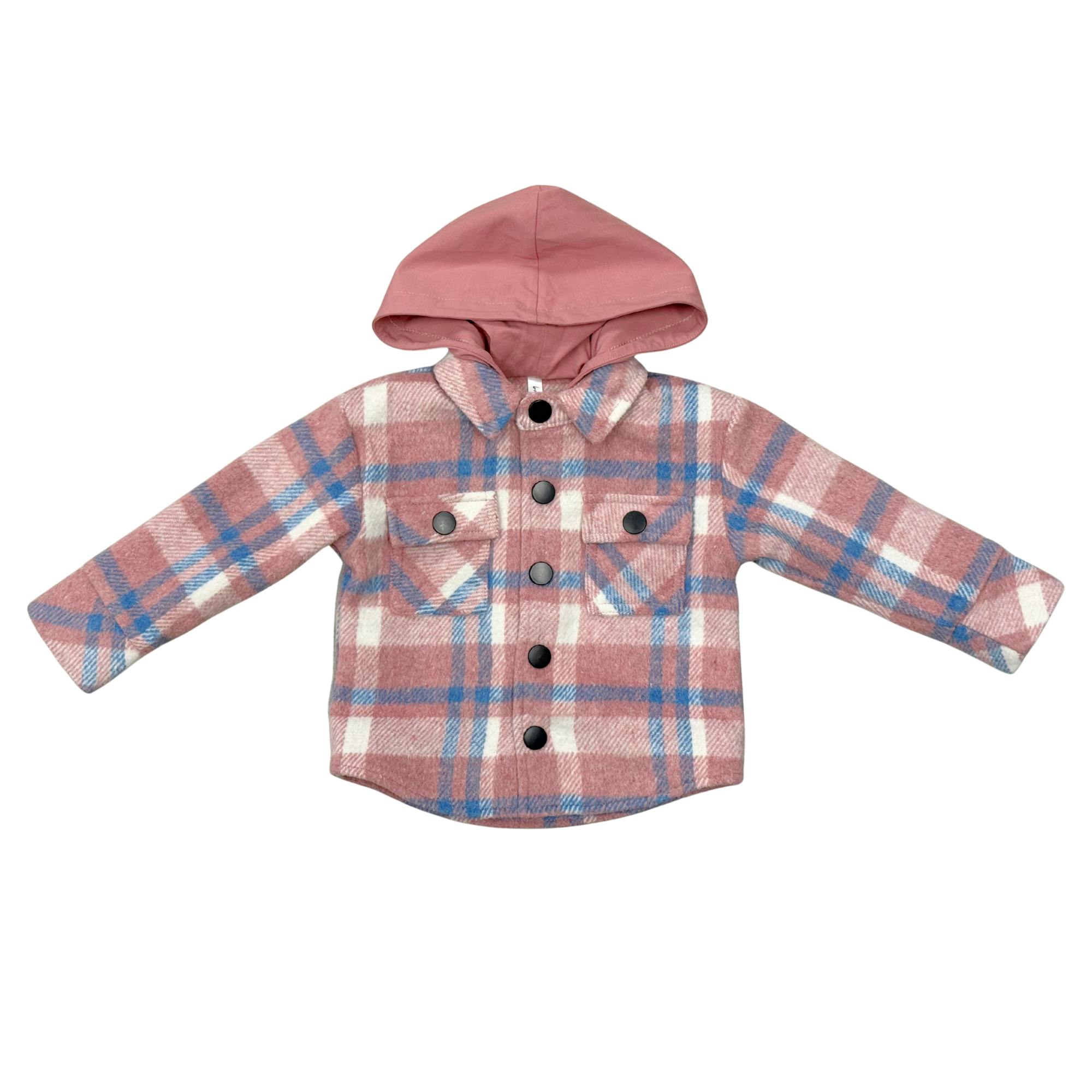 Kids Hooded Shacket in Pink Blue Plaid