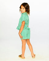 Short Sleeve Striped Button Down Shirt Green