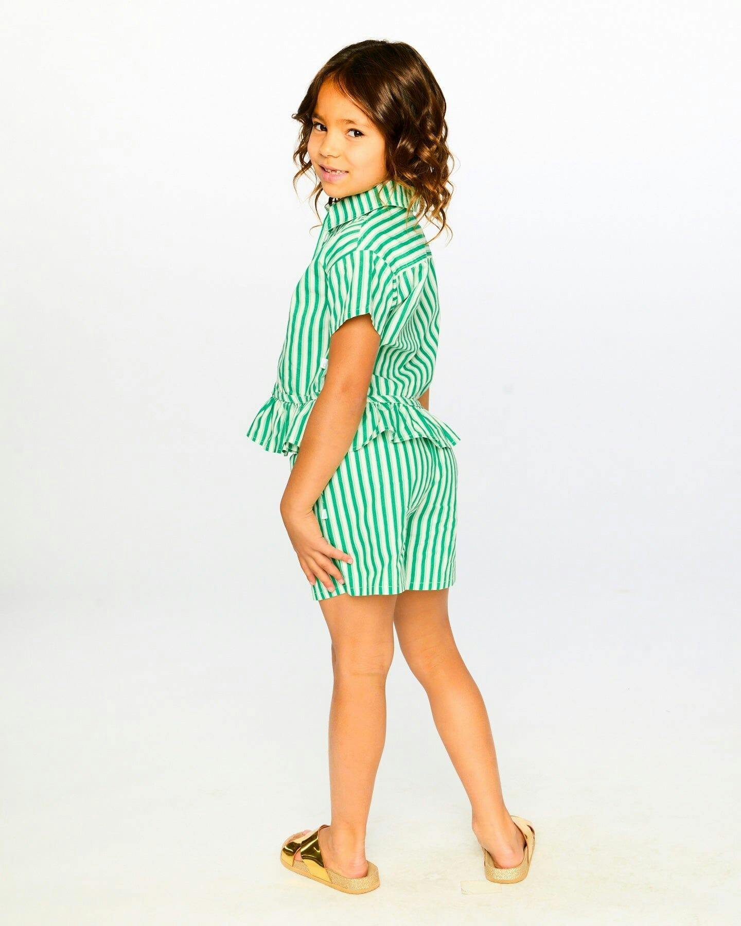 Short Sleeve Striped Button Down Shirt Green