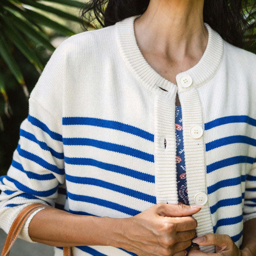 Women's Cream And Blue Stripe Knit Cardigan