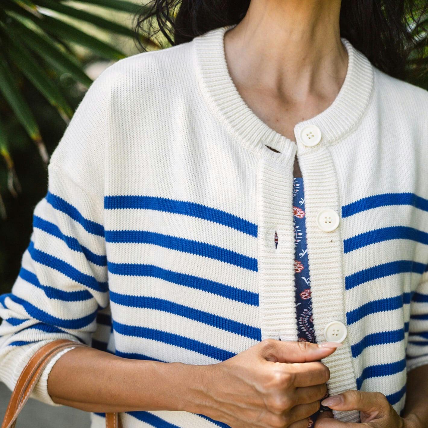 Women's Cream And Blue Stripe Knit Cardigan