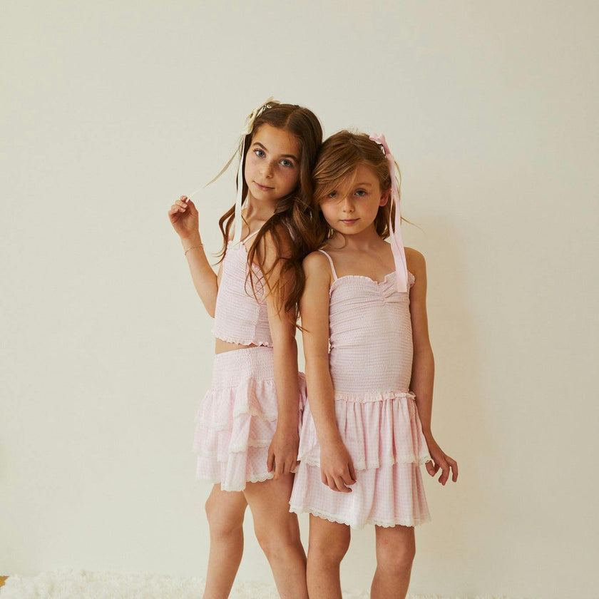 Gemma Pastel Pink & White Gingham Hearts Satin Mini Skirt