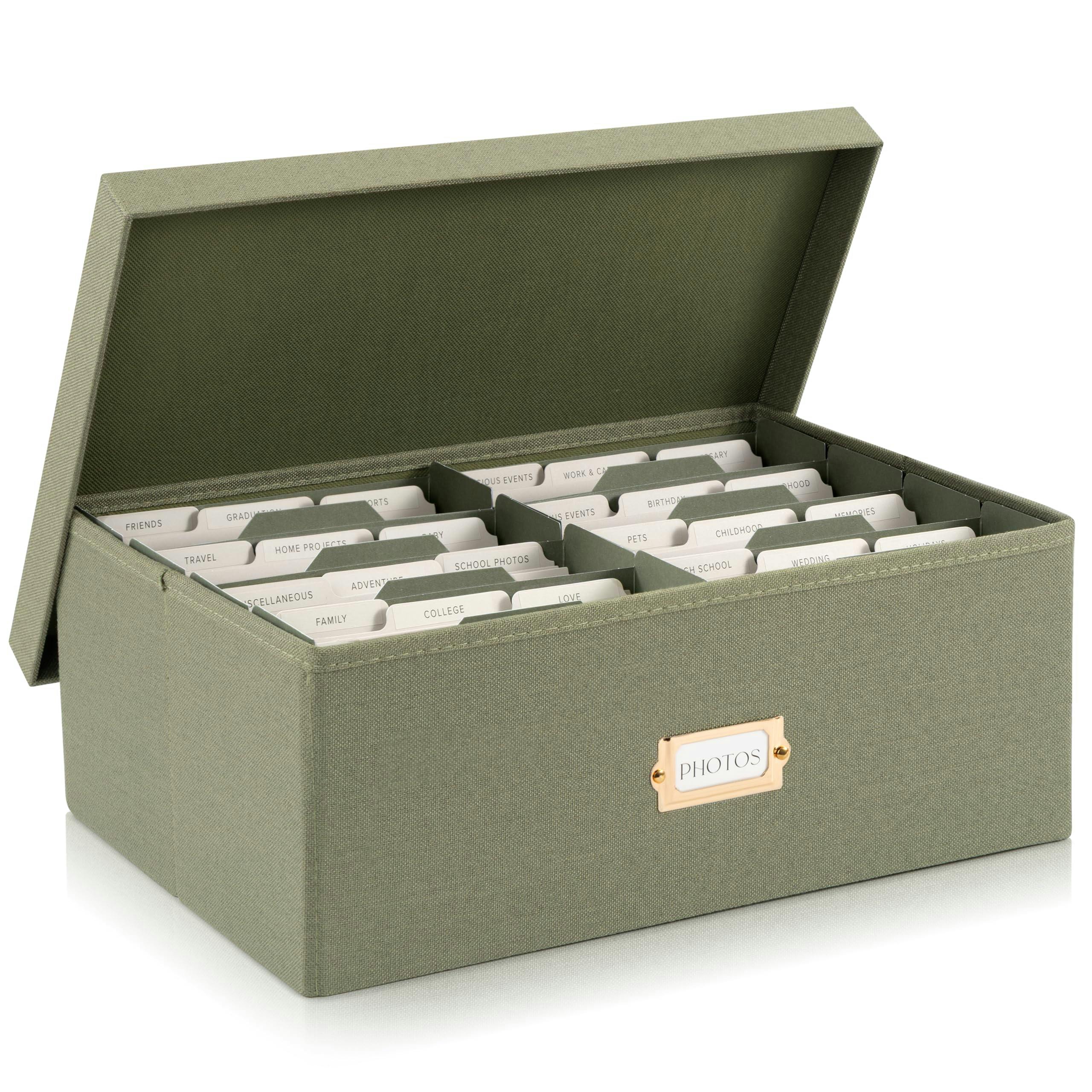 Decorative Photo Storage Box - Sturdy Linen Photo Organizer with Dividers - Stores Up to 850 4x6 Photos - Portable Scrapbook Storage Container with Lid