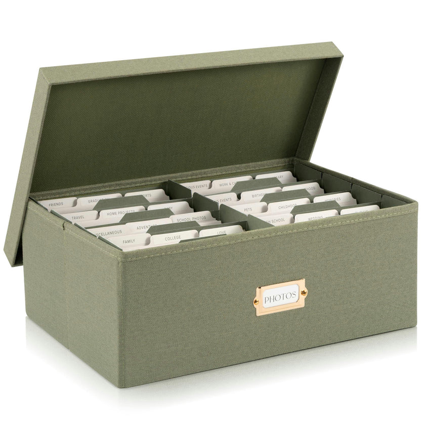 Decorative Photo Storage Box - Sturdy Linen Photo Organizer with Dividers - Stores Up to 850 4x6 Photos - Portable Scrapbook Storage Container with Lid
