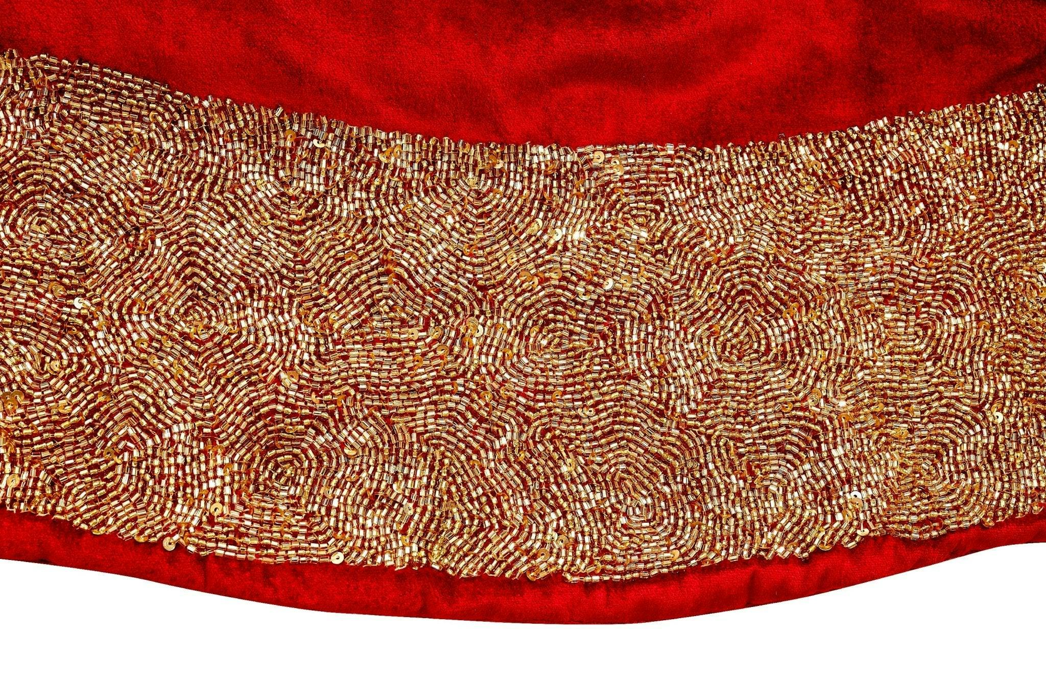 Red Velvet Christmas Tree Skirt Hand Beaded Gold Border - 60
