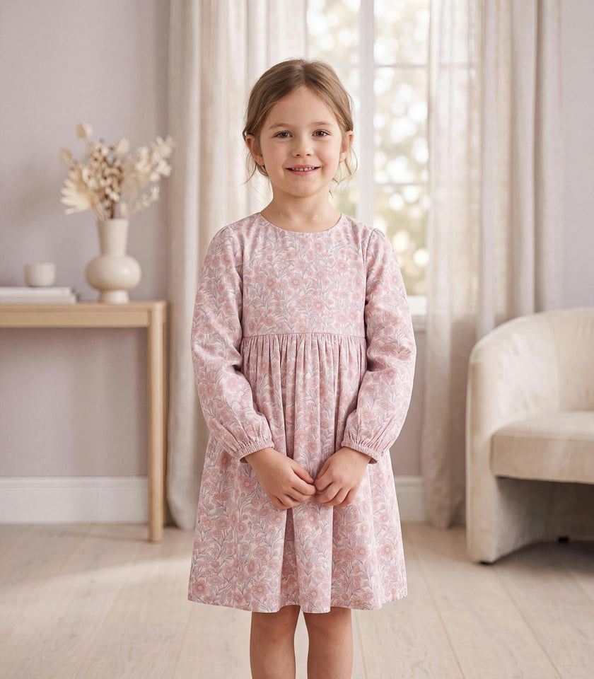 Elora Girl Dress Long Sleeves, Flowery Light Pink