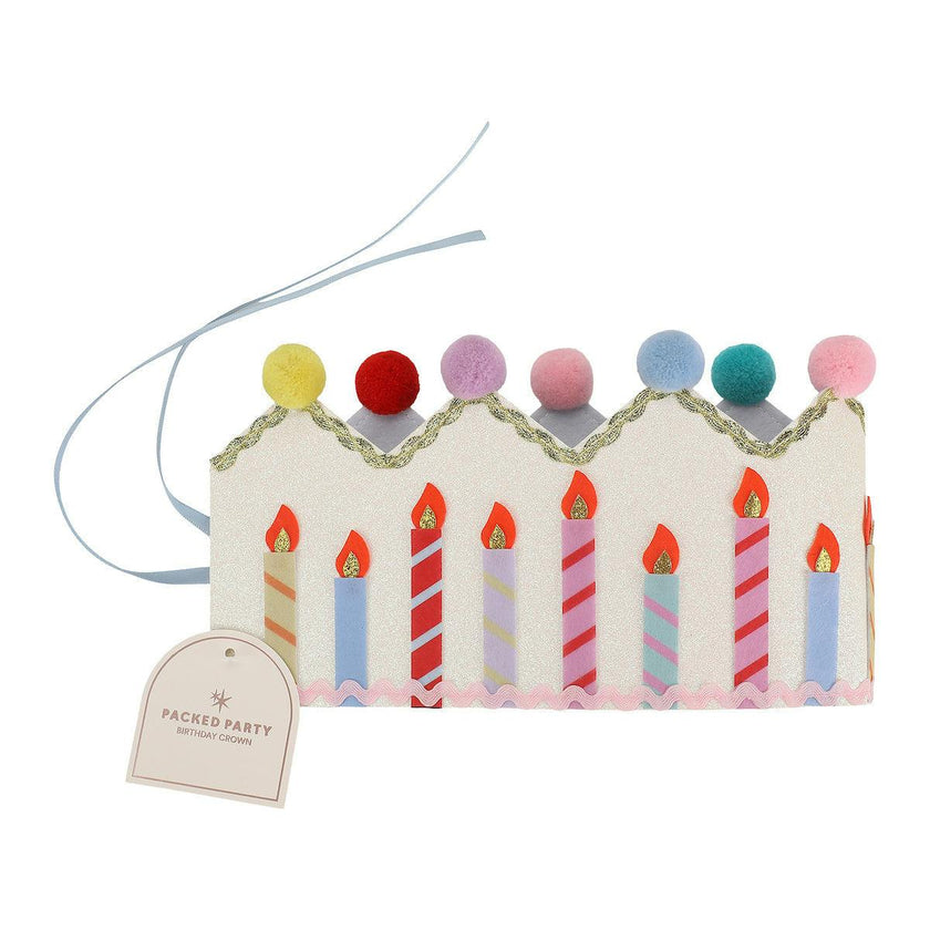 Packed Party Birthday Wishes Reusable Glitter Pom Pom Crown - Metallic Fabric Birthday Candle Crown with Multicolor Poms and Adjustable Satin Ties