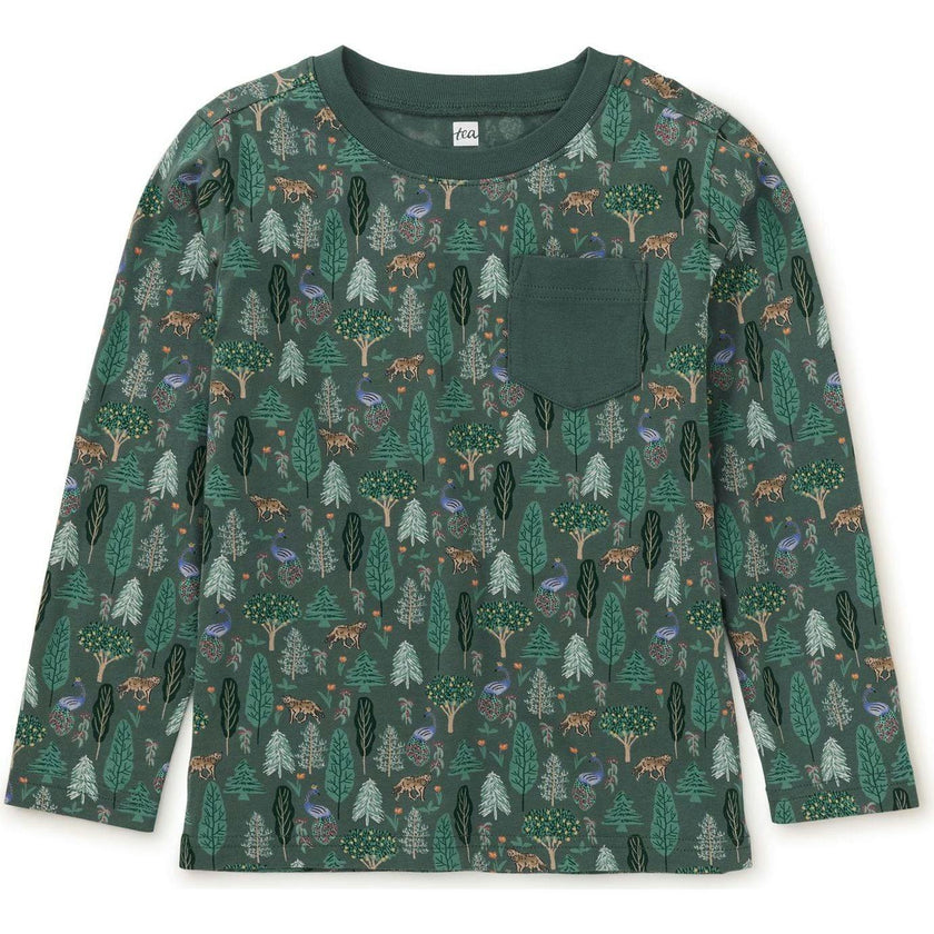 Long Sleeve Printed Pocket Tee, Green