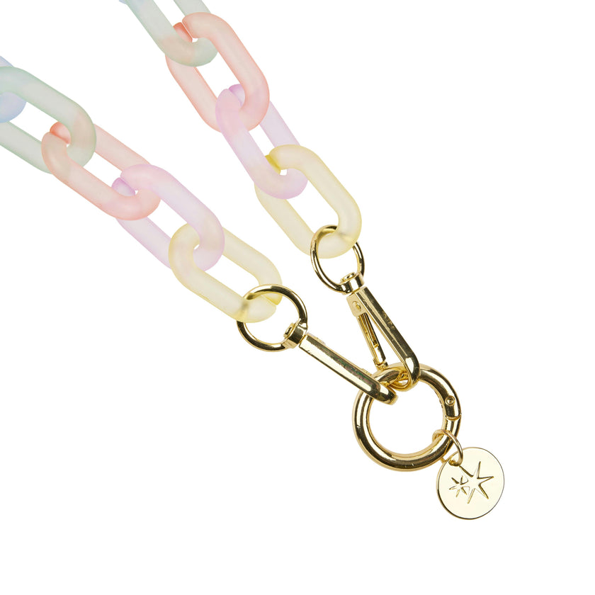 Packed Party Link Up Frosted Pastel Rainbow Phone Chain - 26-Inch Multicolor Plastic Link Chain with Gold Clips and Keyring Clasp for Phone Cases and Pouches