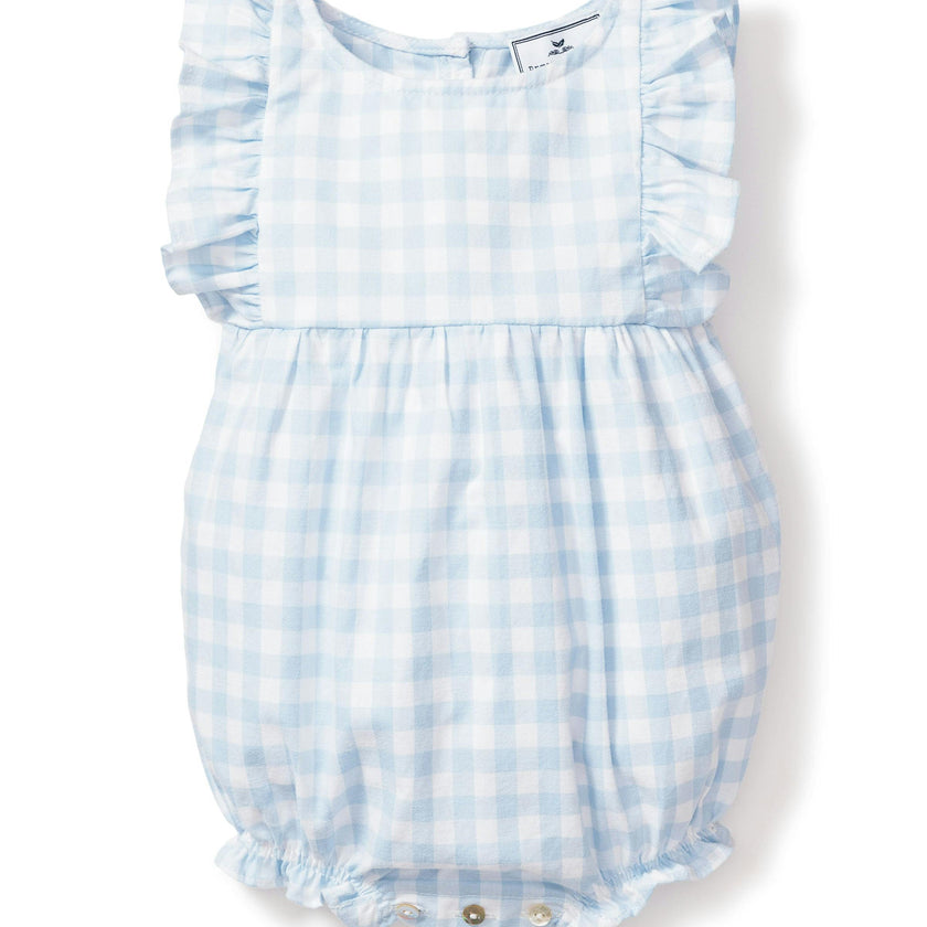 Baby's Twill Ruffled Romper in Light Blue Gingham