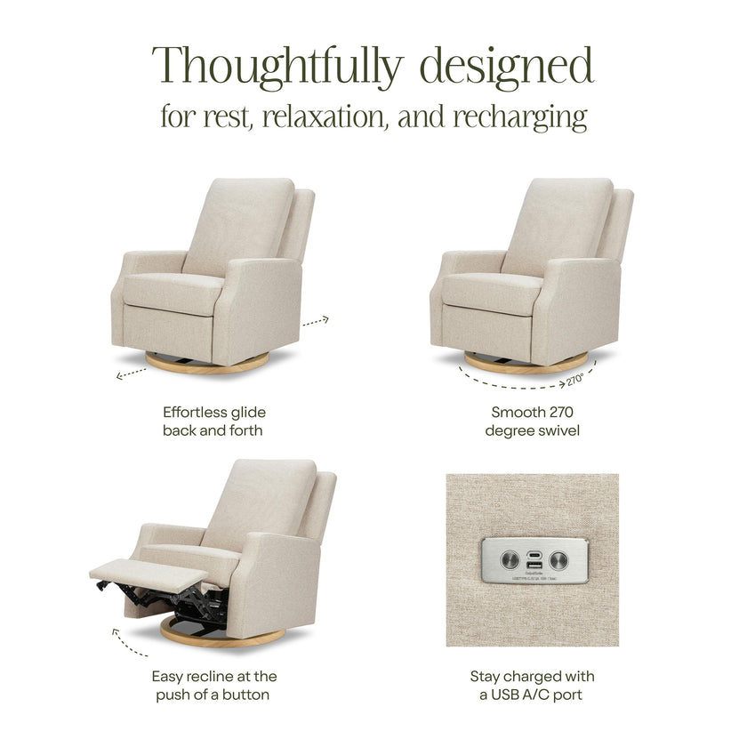 Crewe Electronic Recliner and Swivel Glider in Eco-Performance Fabric | Water Repellent & Stain Resistant in Performance Beach Eco-Weave with Light Wood Base