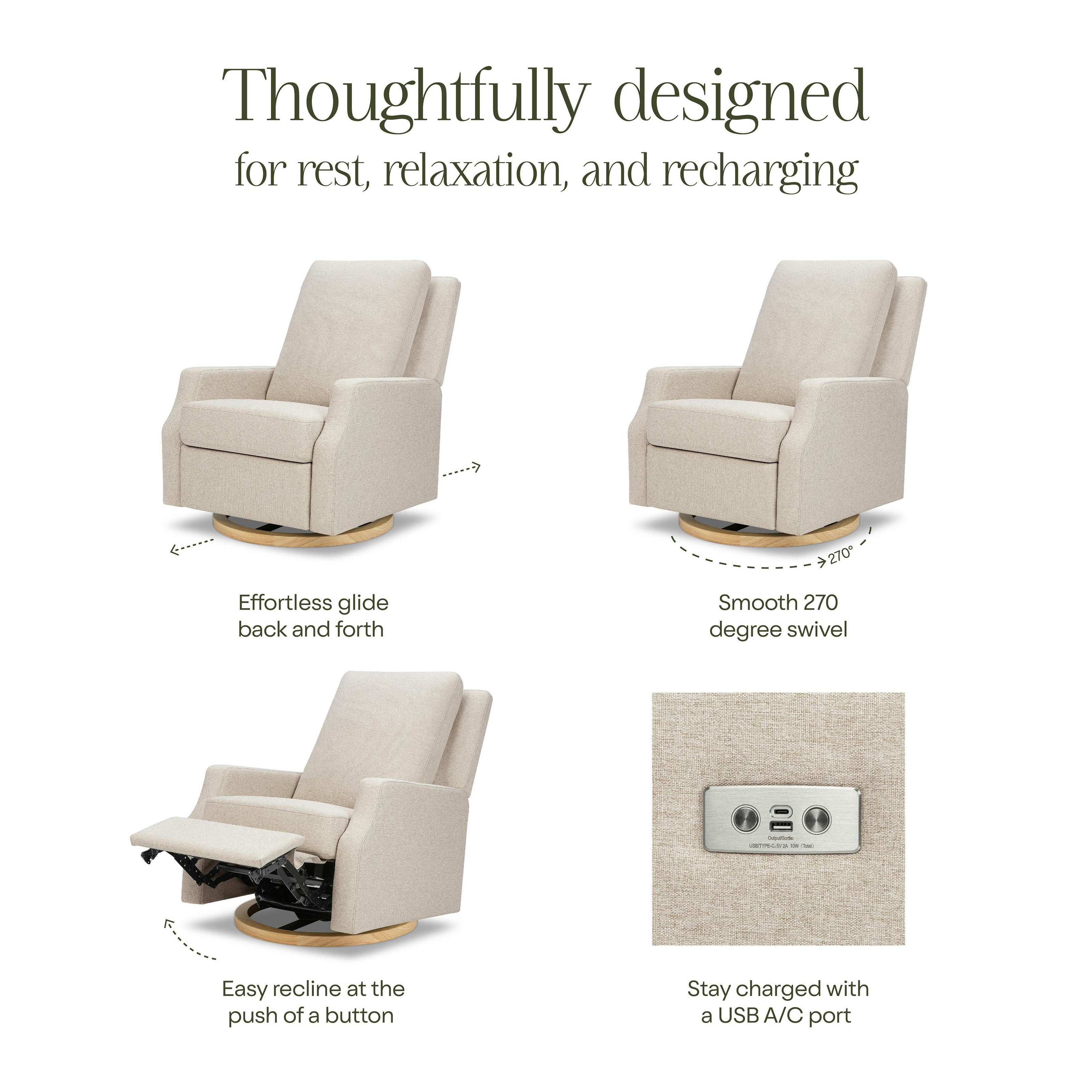 Crewe Electronic Recliner and Swivel Glider in Eco-Performance Fabric | Water Repellent & Stain Resistant in Performance Beach Eco-Weave with Light Wood Base