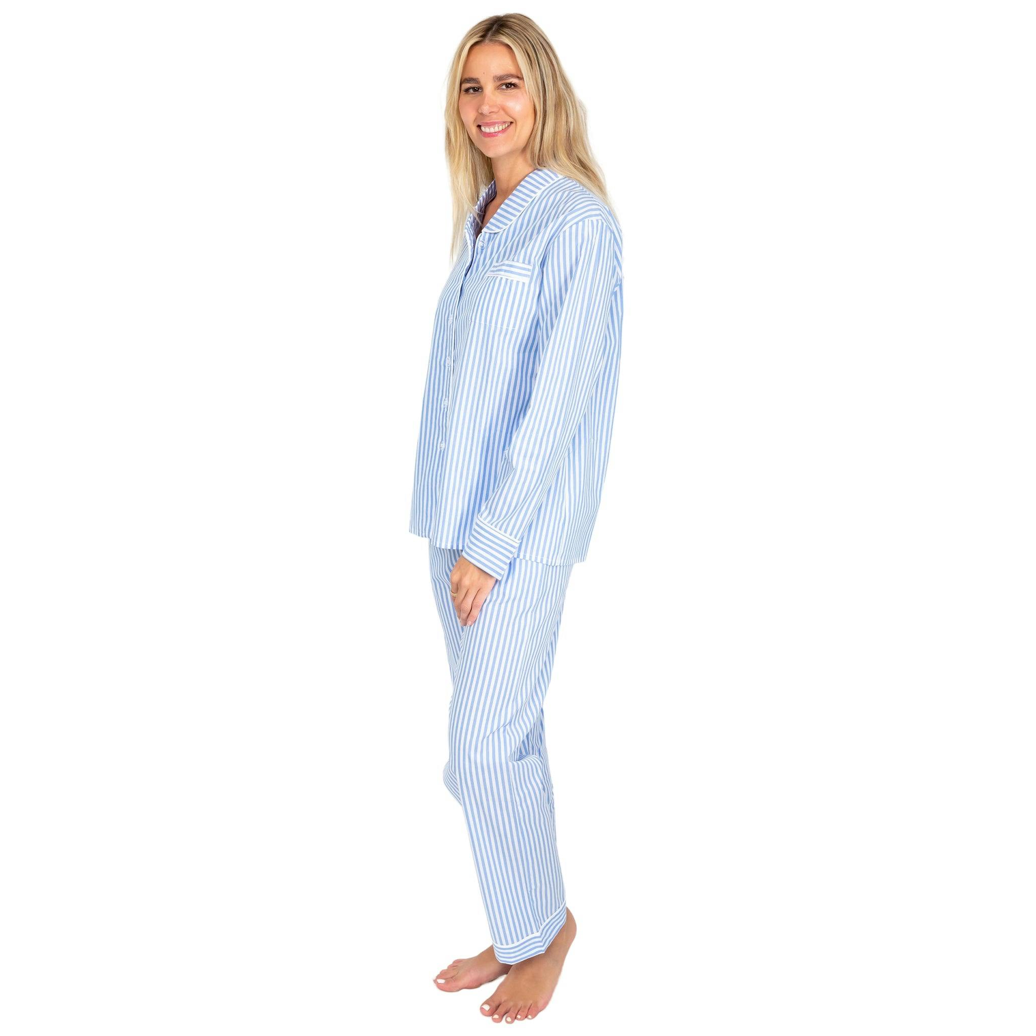 Women's Braddock Classic Long PJ Set - Blue Stripe Organic Cotton Poplin