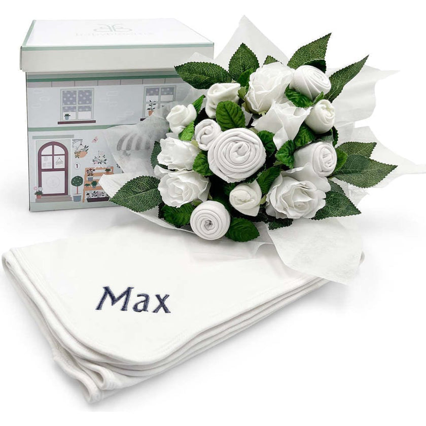 Hand Tied Baby Clothes Bouquet With Personalized Snuggle Wrap