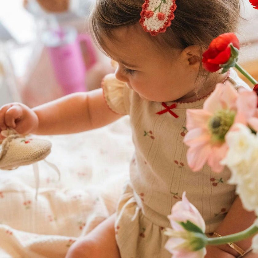 Pointelle Skirt Onesie in Cherries