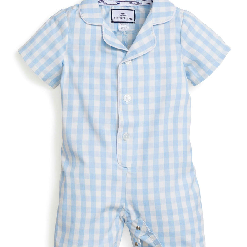 Baby's Twill Summer Romper in Light Blue Gingham