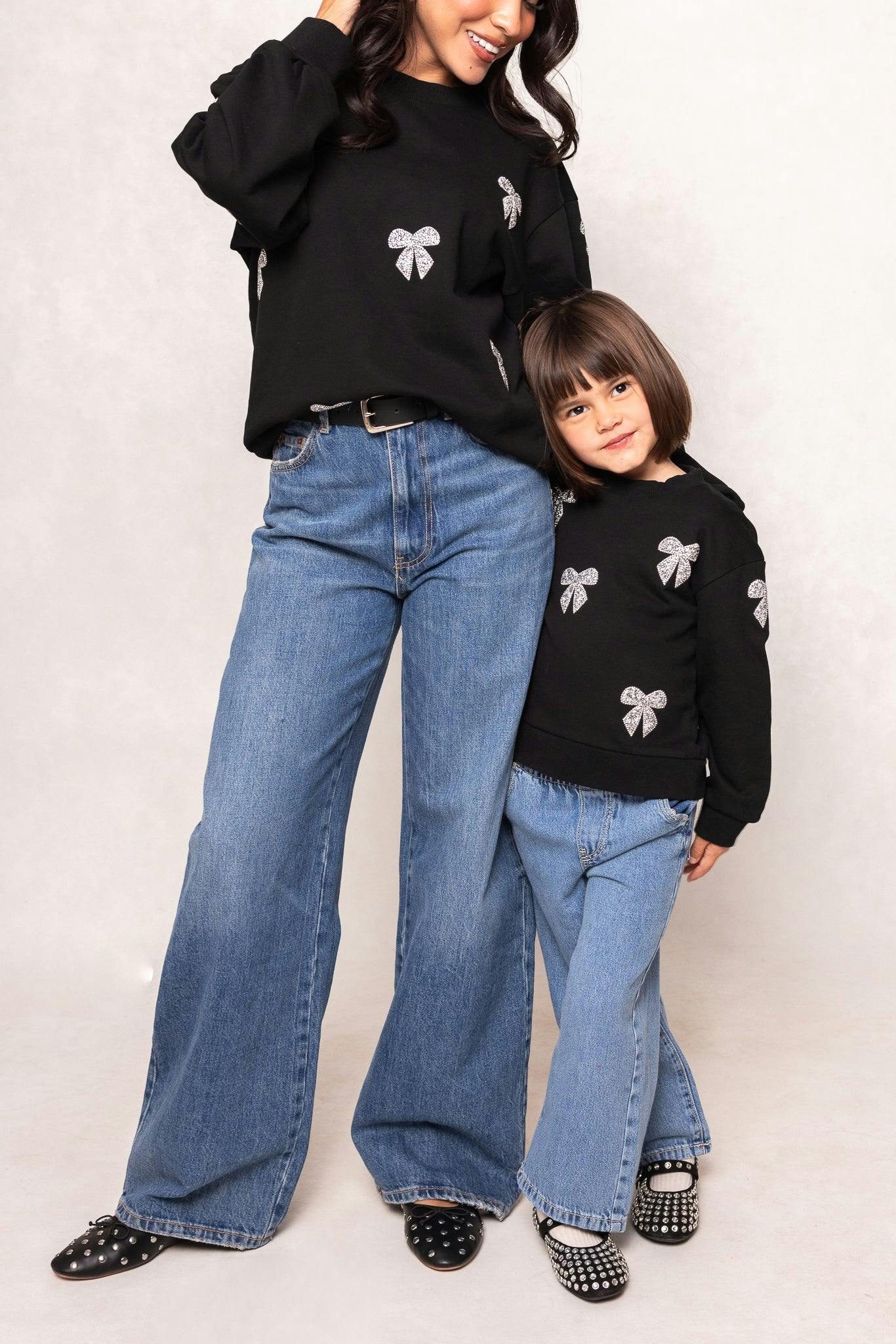 Mini Micah Crew Neck Sweatshirt in Black & Bows