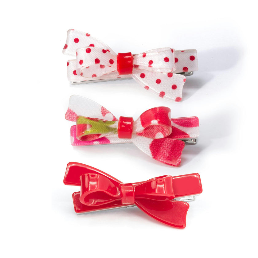 Bows Fabric White Red Hair Clips