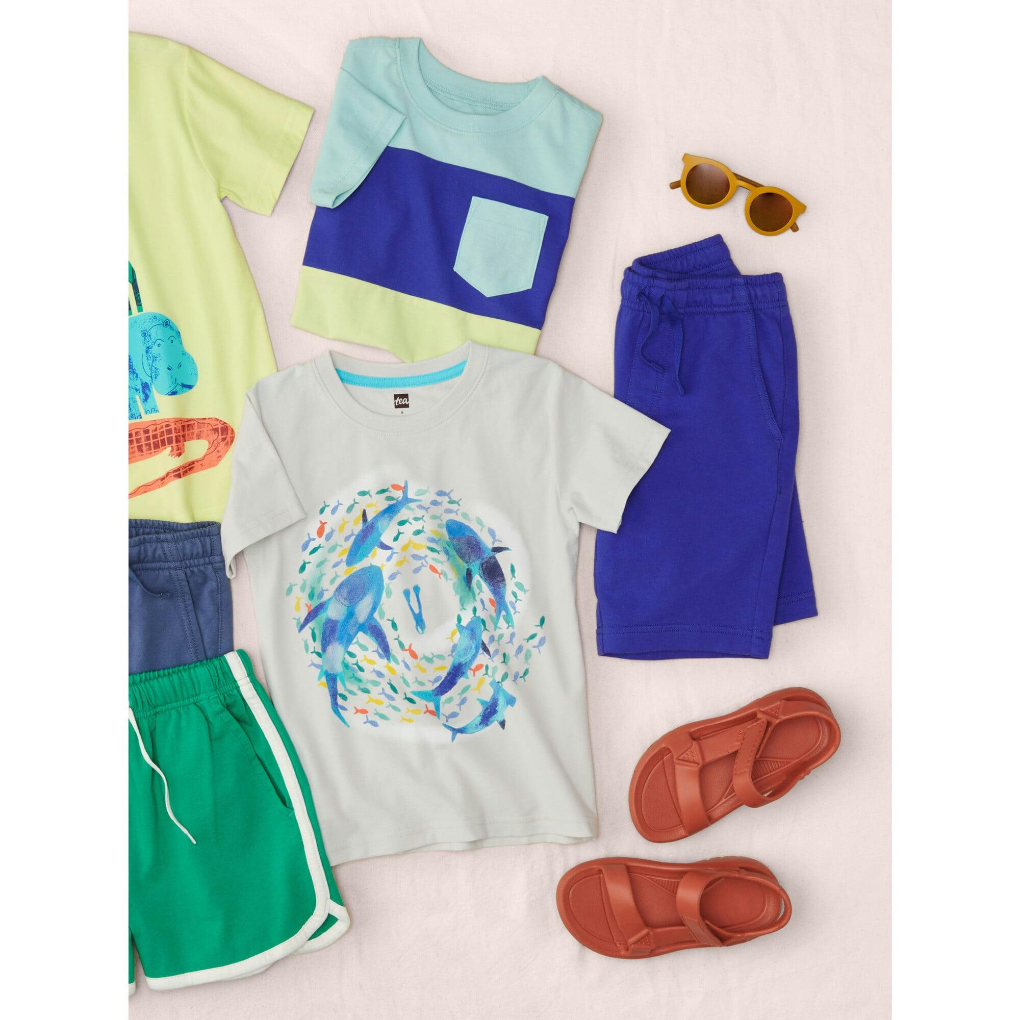 Vacation Long Mid-Thigh Drawstring Shorts, Blue