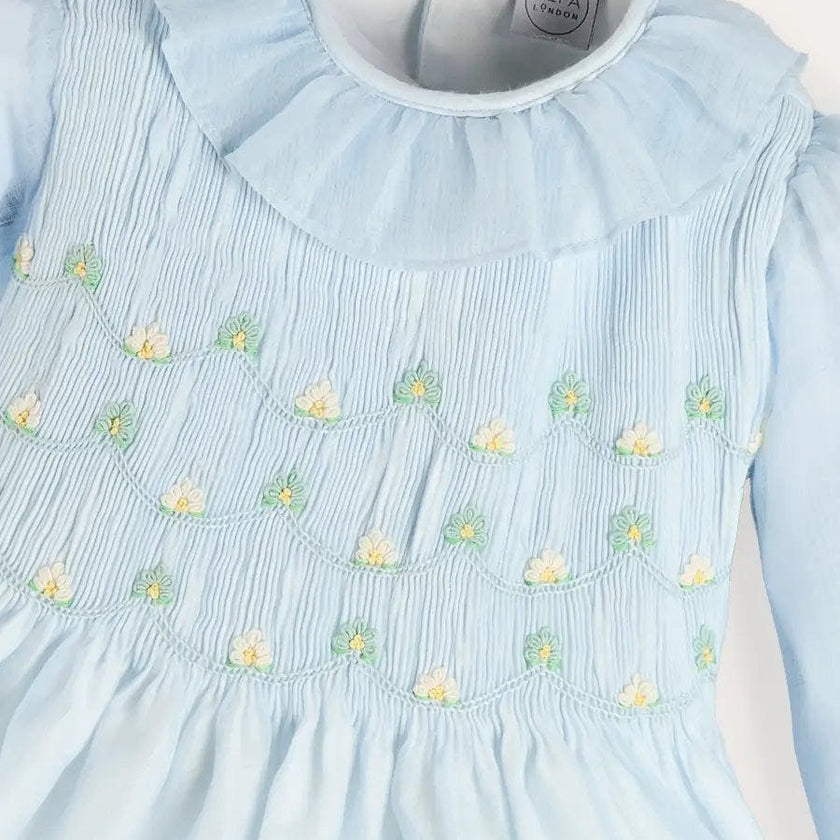 Daisy Embroidered Hand Smocked Long Sleeve Dress in Blue (18mths-8yrs)