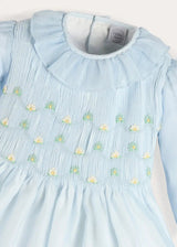 Daisy Embroidered Hand Smocked Long Sleeve Dress in Blue (18mths-8yrs)