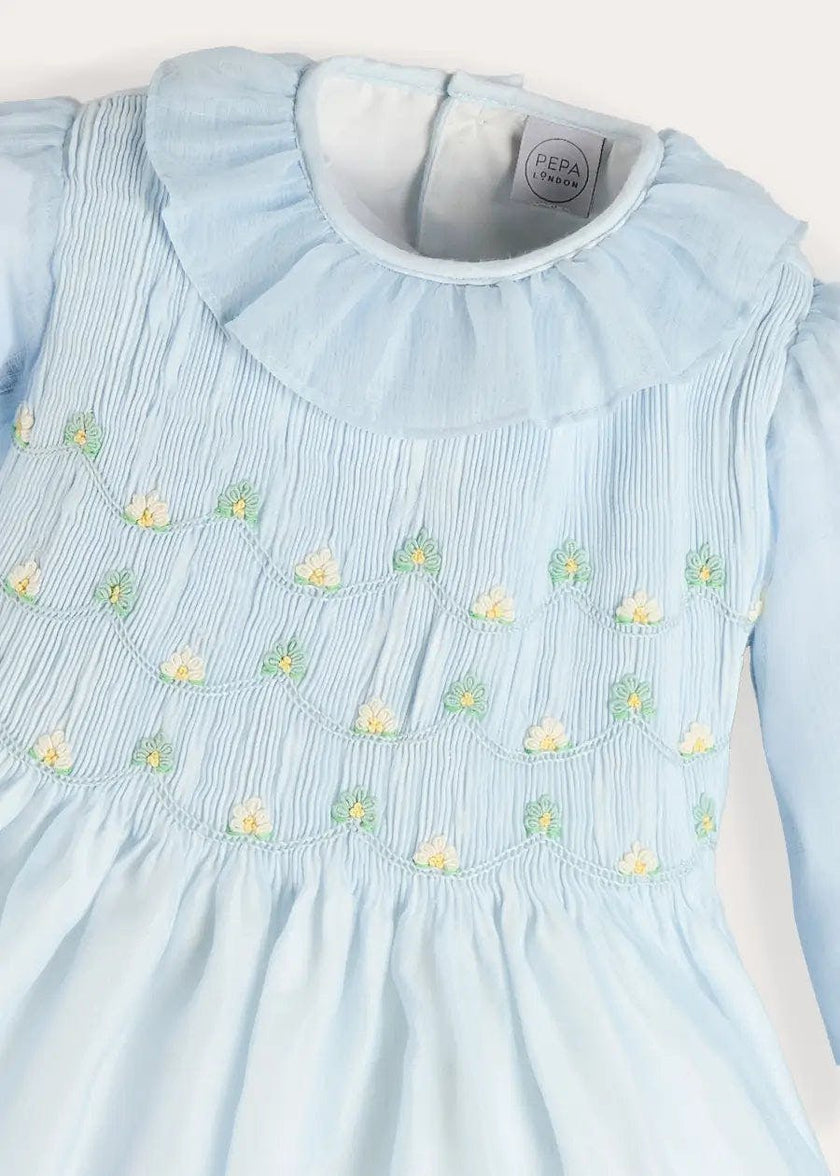 Daisy Embroidered Hand Smocked Long Sleeve Dress in Blue (18mths-8yrs)