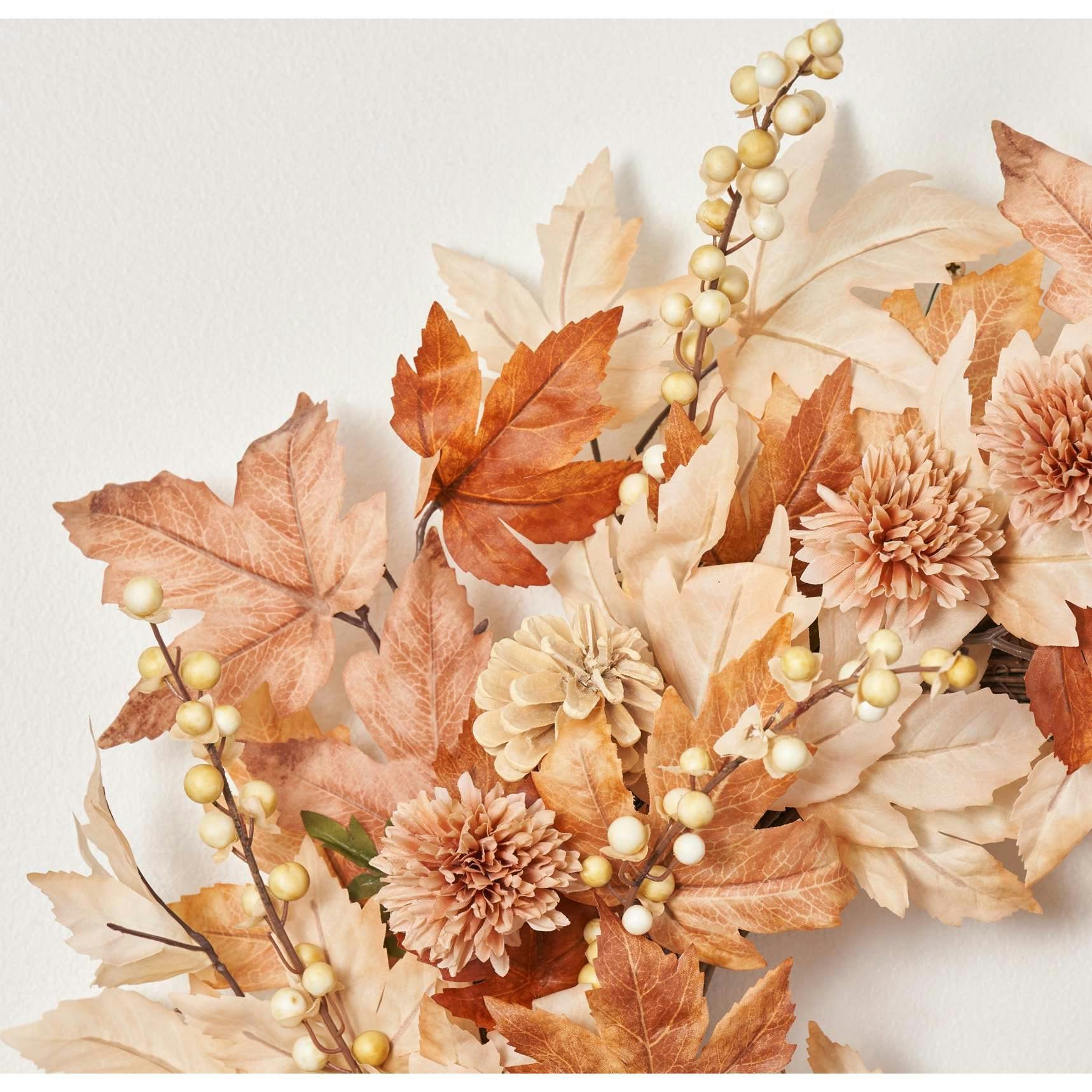 Natural Elegance - Autumn Brown Cream Maple Leaf & Berry with Mini Cafe Au Lait Mums Fall Front Door Wreath