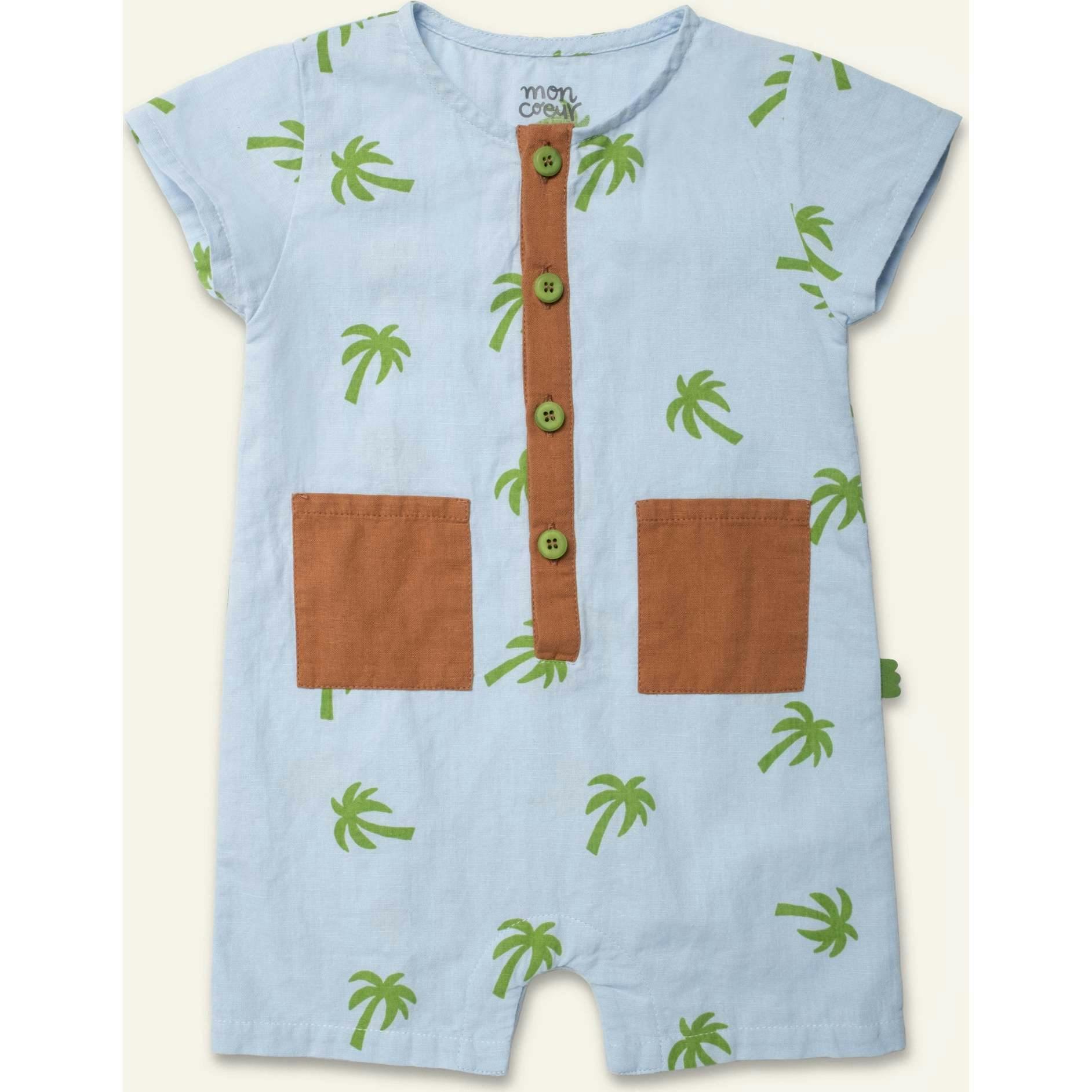 Linen Palm Tree Pocket Baby Romper