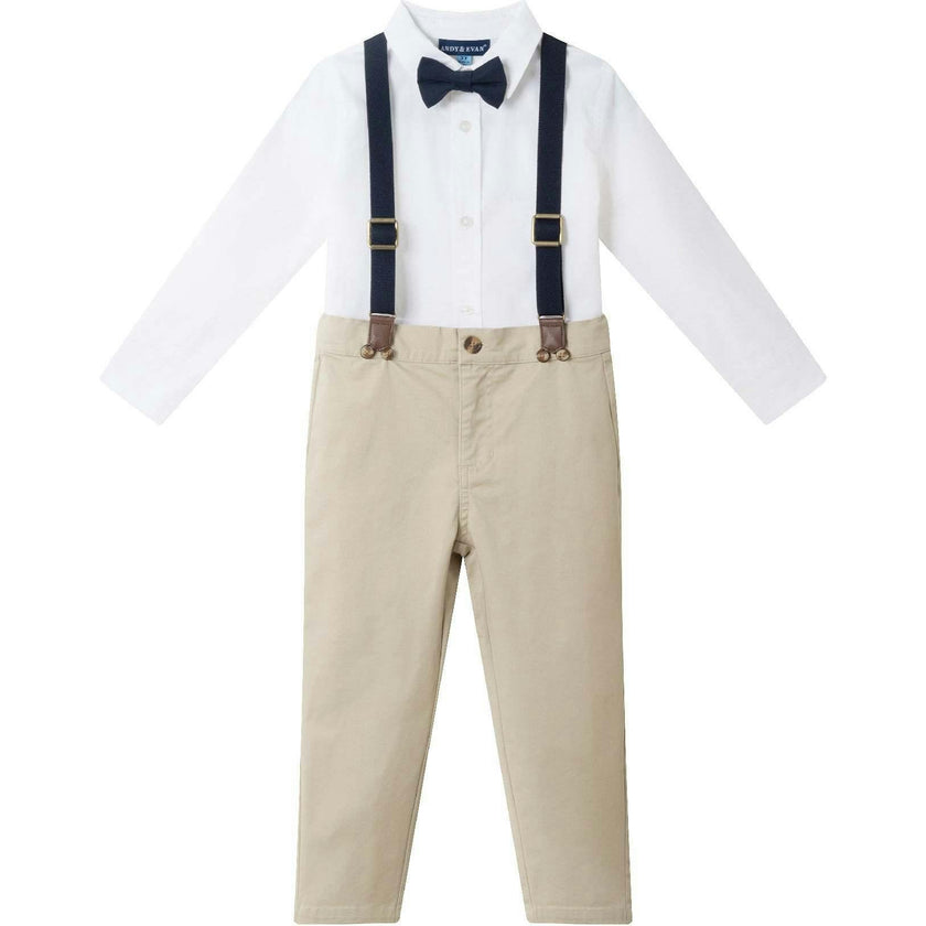 Kids White Buttondown Bowtie and Suspenders Set