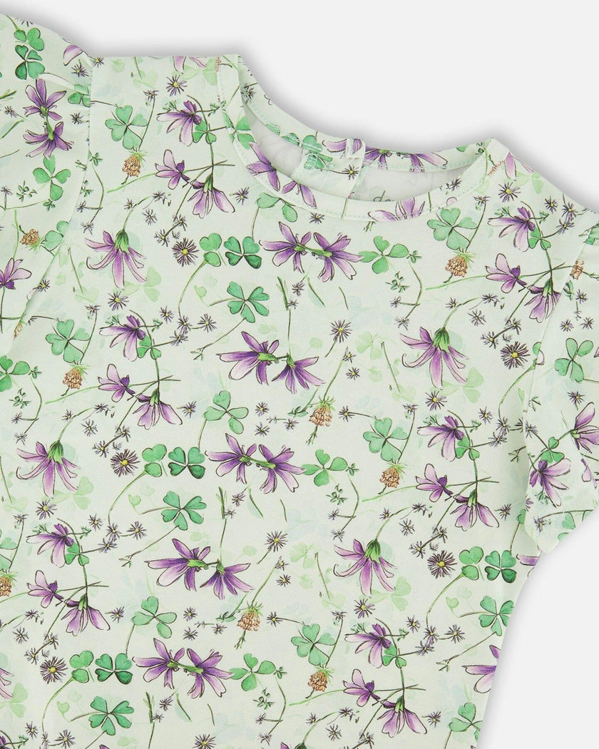 Jersey T-Shirt Green Printed Flowers