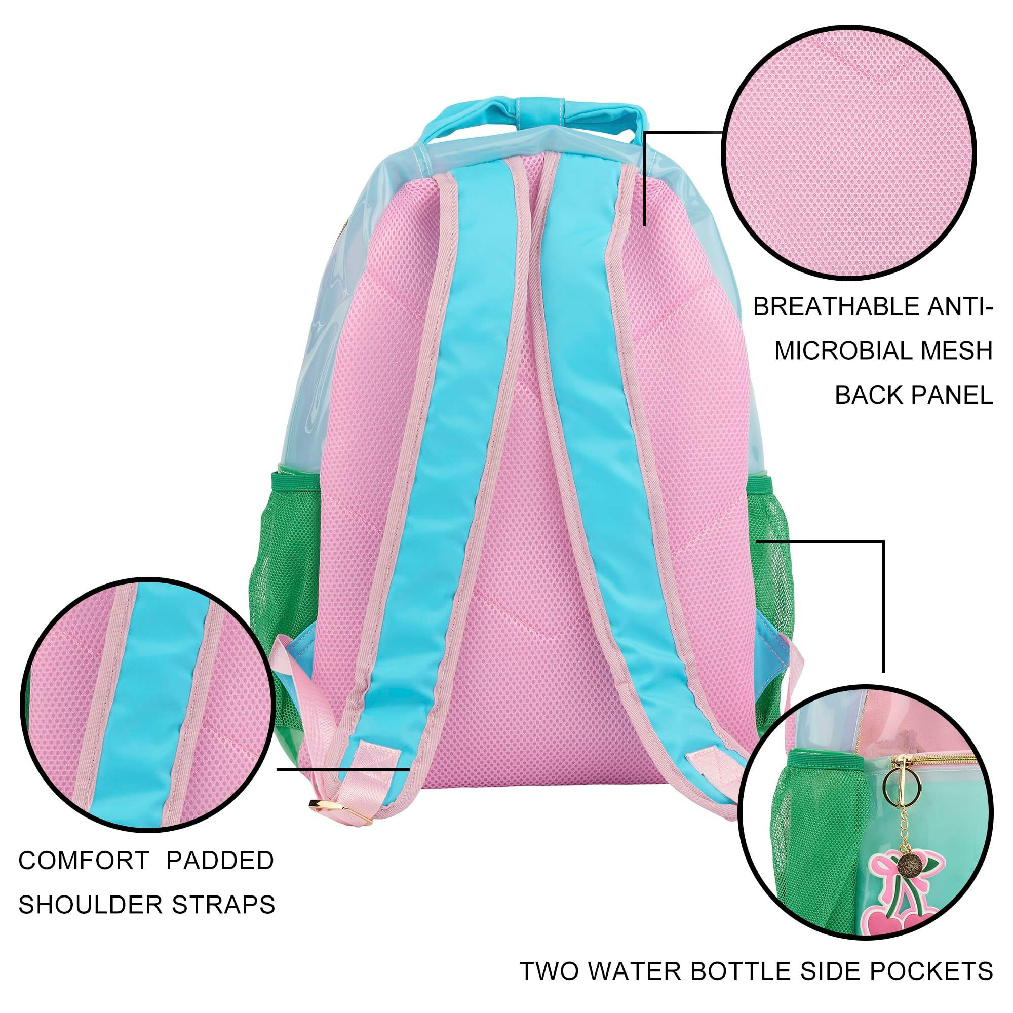 Colorblock Clear Backpack by Packed Party | Pink Glitter Panel, Blue Bow, Cherry Bag Charm | 17