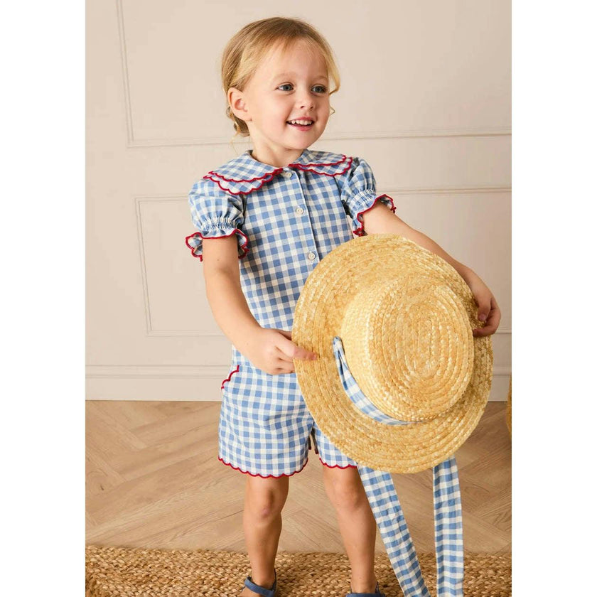 Darby Gingham Straw Boater Hat in Blue (M-L)