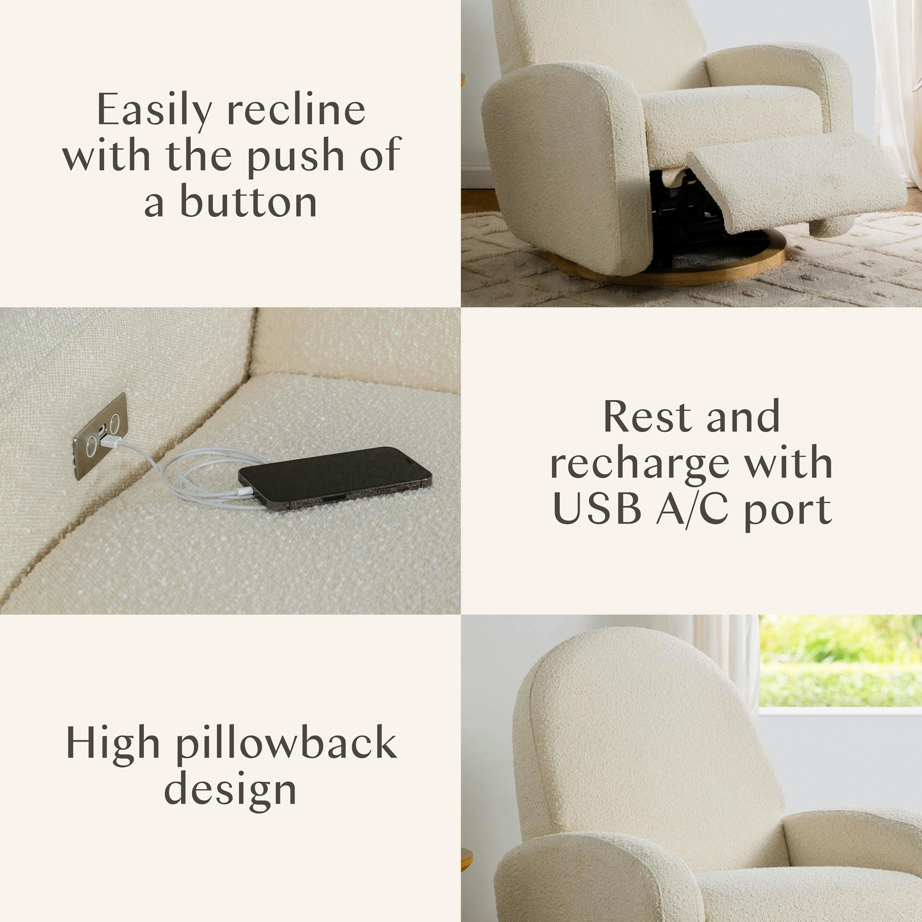 Babyletto Nami Electronic Recliner and Swivel Glider Recliner with USB port
