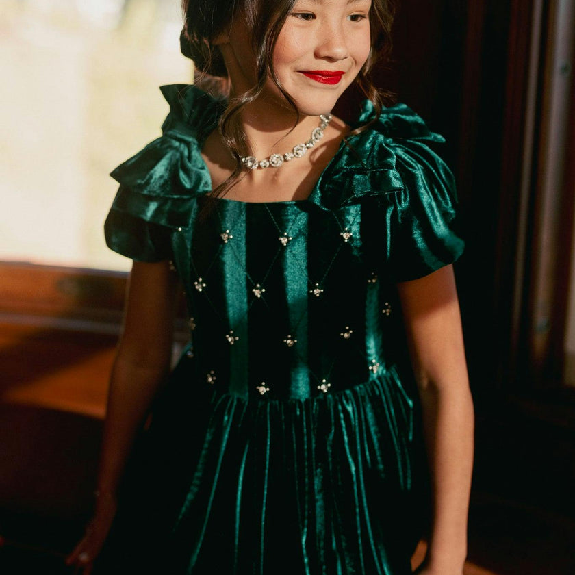 Mini Tiara Dress in Green Velvet
