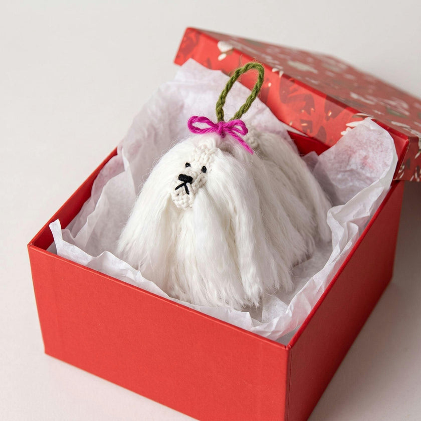 Maltese Dog Hand Knit Christmas Ornament