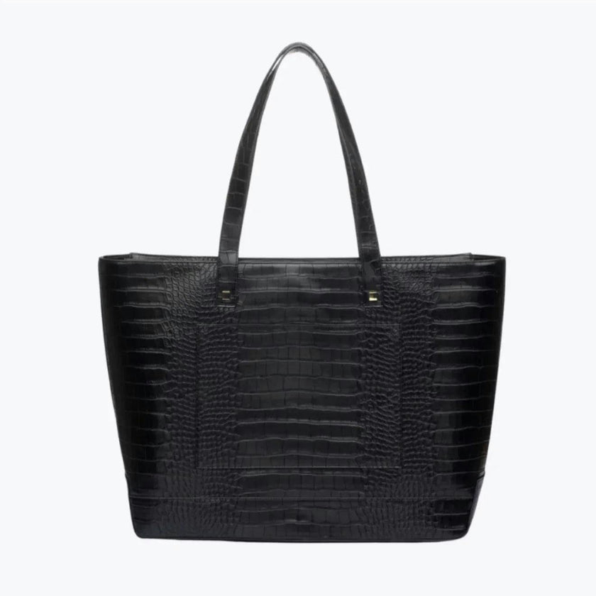 Vegan Leather Work Tote Bag with Removable Insulated Pouch, Black Croc