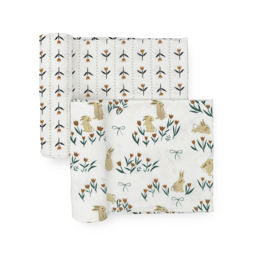 Stretch Knit Swaddle Blanket 2 Pack - Bunnies and Tulips