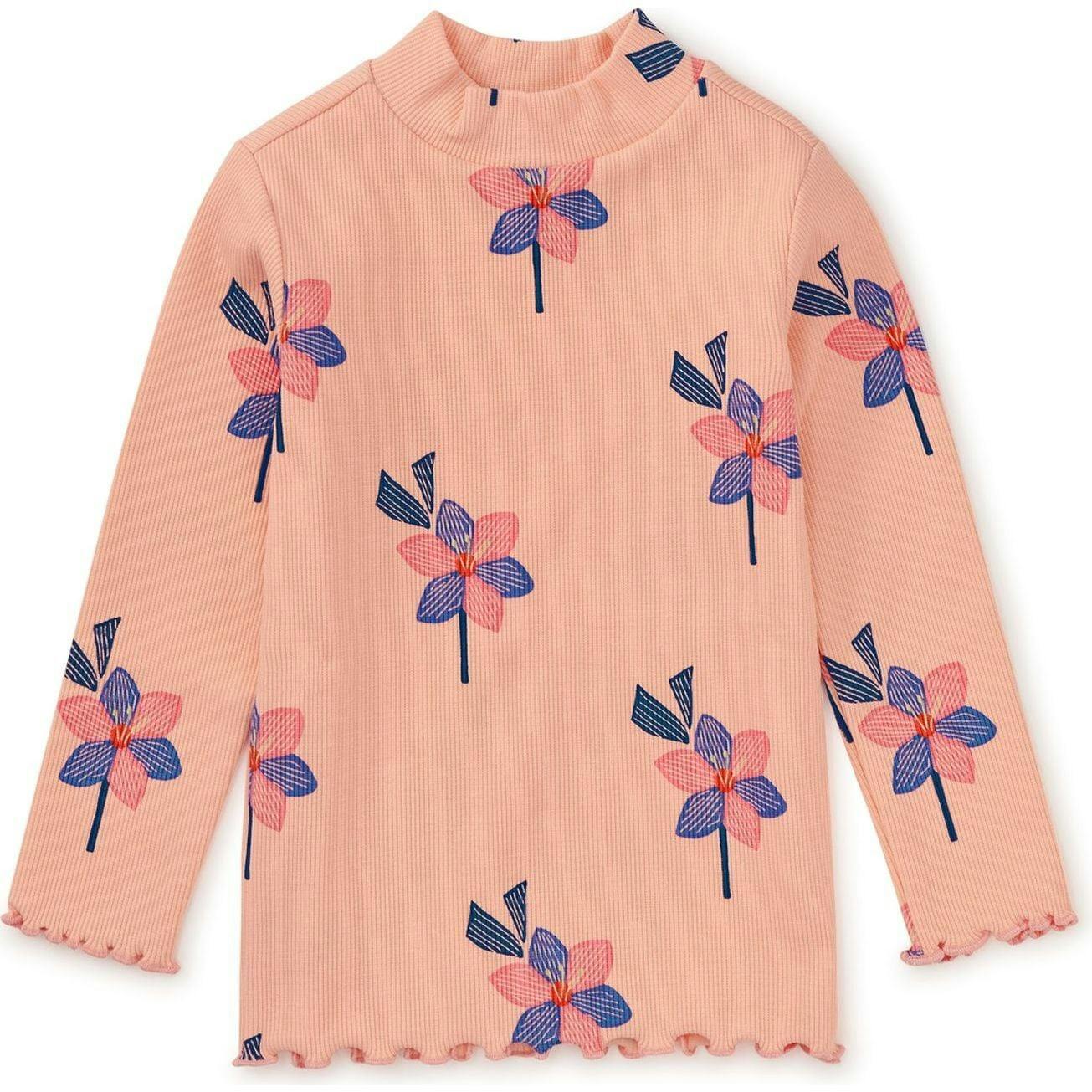 Floral Print Ribbed Long Sleeve Mock Neck Top, Yellow