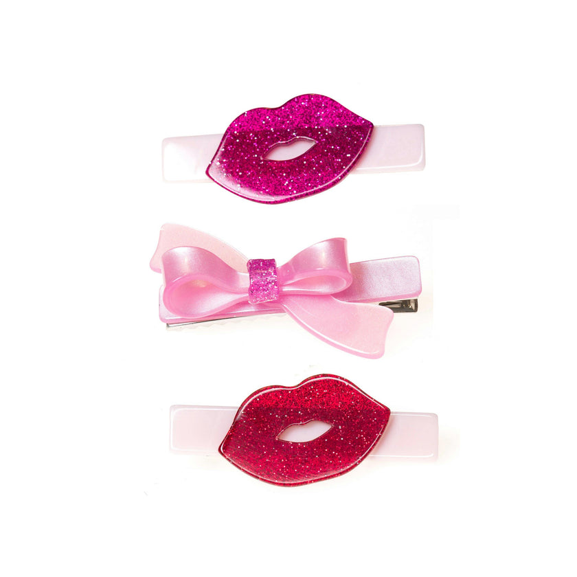 Lips Kisses Glitter Red Hair Clips -VAL