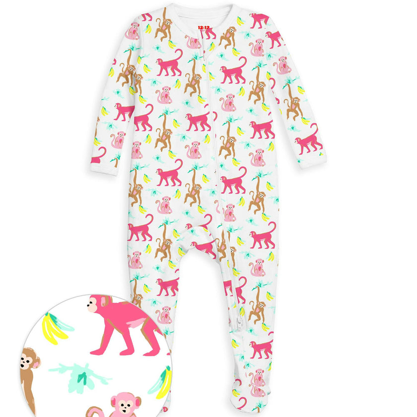 The Organic Zipper Footie [Monkeying Around Pink]