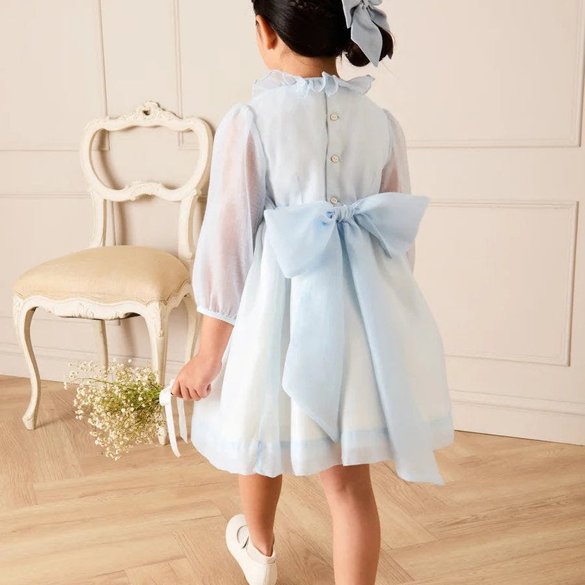 Daisy Embroidered Hand Smocked Long Sleeve Dress in Blue (18mths-8yrs)
