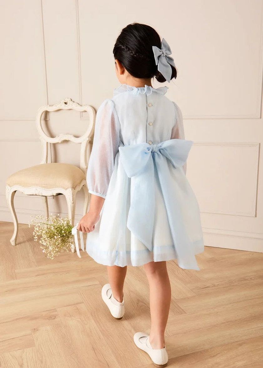 Daisy Embroidered Hand Smocked Long Sleeve Dress in Blue (18mths-8yrs)