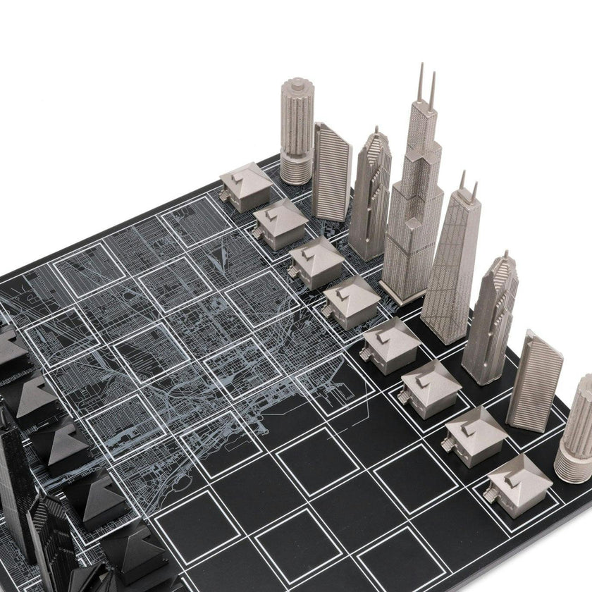 Chess Set Stainless Steel CHICAGO with Wood Map Board
