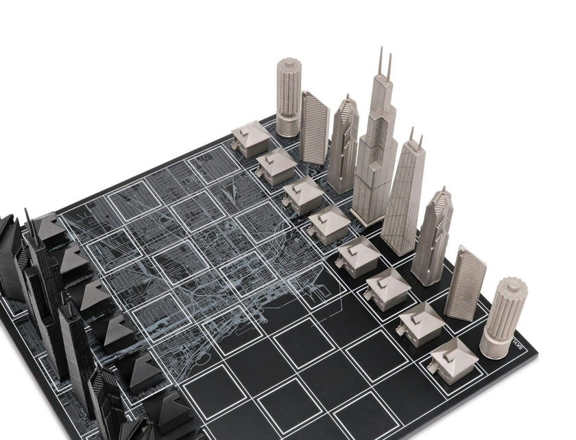 Chess Set Stainless Steel CHICAGO with Wood Map Board