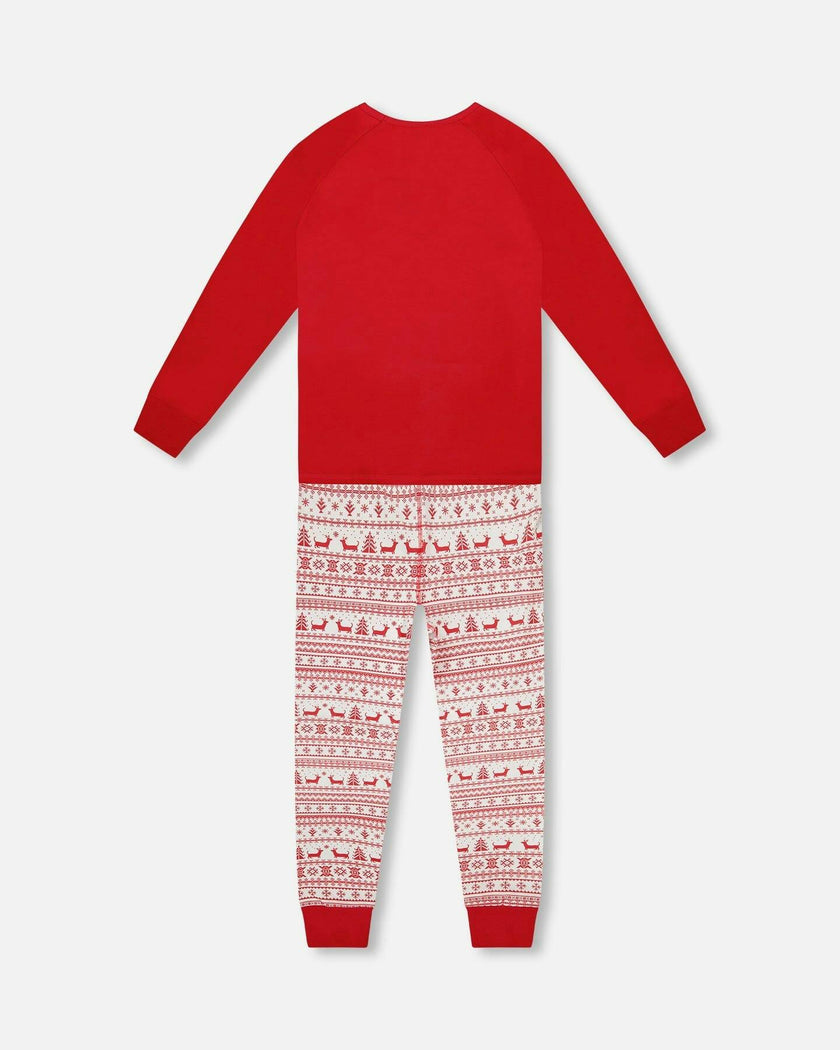 Adult Women Organic Cotton Two-Piece Pajamas Red and White Fairisle