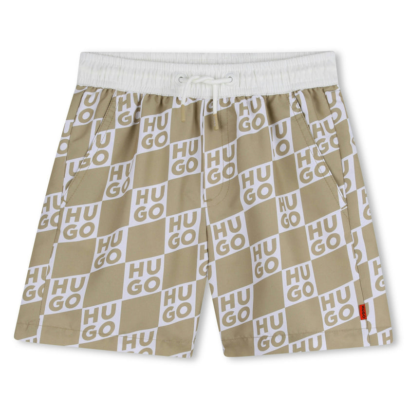 Beige Swim Shorts with All-Over Logo Print